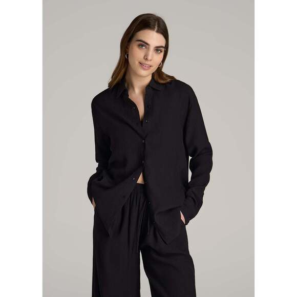 American Tall Tops - American Tall Long Sleeve Crinkle Blouse for Tall Women in Black Size LL / Tall